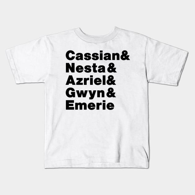 A Court of Silver Flames Warriors Line Up, Cassian, Azriel, Nesta, Emerie and Gwyn Kids T-Shirt by baranskini
